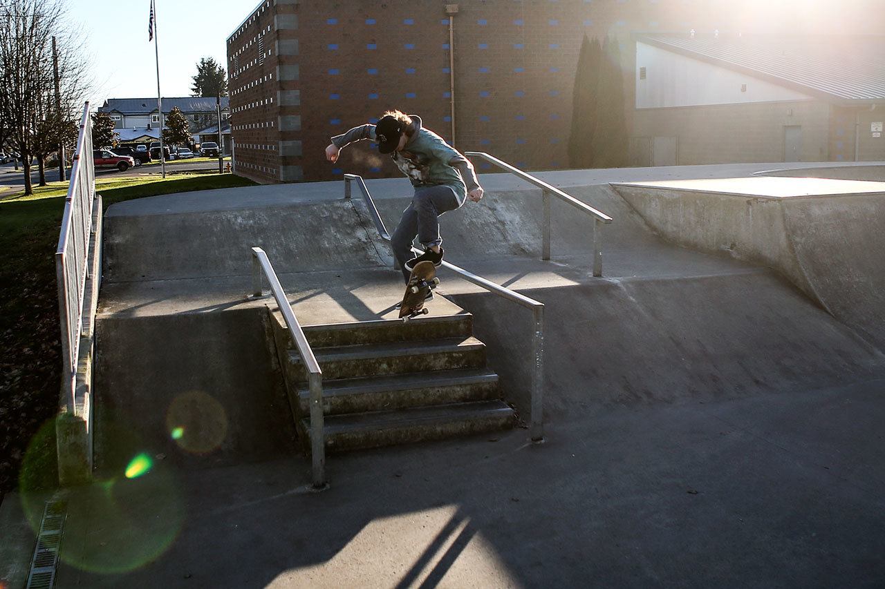 Alex Pride, 22, works out Thursday afternoon at Snohomish Skate Park. (Kevin Clark / The Herald)