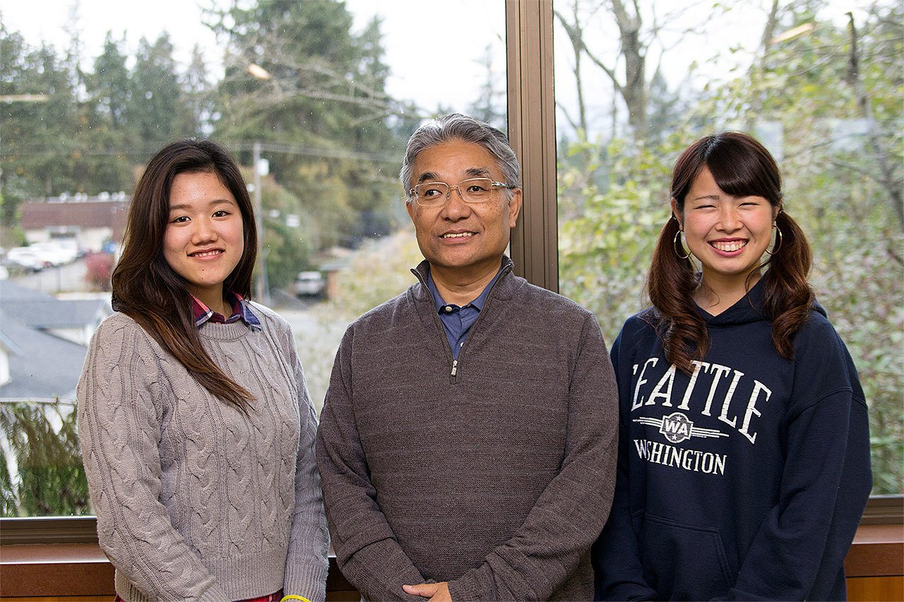 Edmonds Community College in 2016 celebrated the 30th year of a Japanese student exchange partnership with Trajal Hospitality College. Pictured from left are student Tomomi Senoo, Trajal Hospitality College Executive Director Sadayoshi Nojima, and student Miya Hirooka. Trajal students Senoo and Hirooka spent 10 months in the United States studying English at EdCC. (Contributed photo)