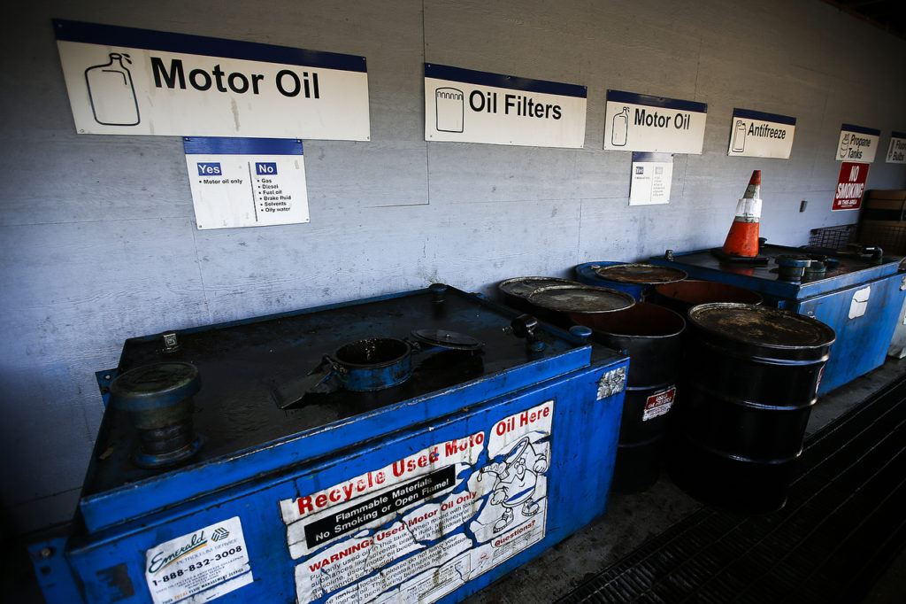 An area for disposing motor oil and other chemicals is seen at the North County Transfer Station in Arlington on Thursday. (Ian Terry / The Herald)
