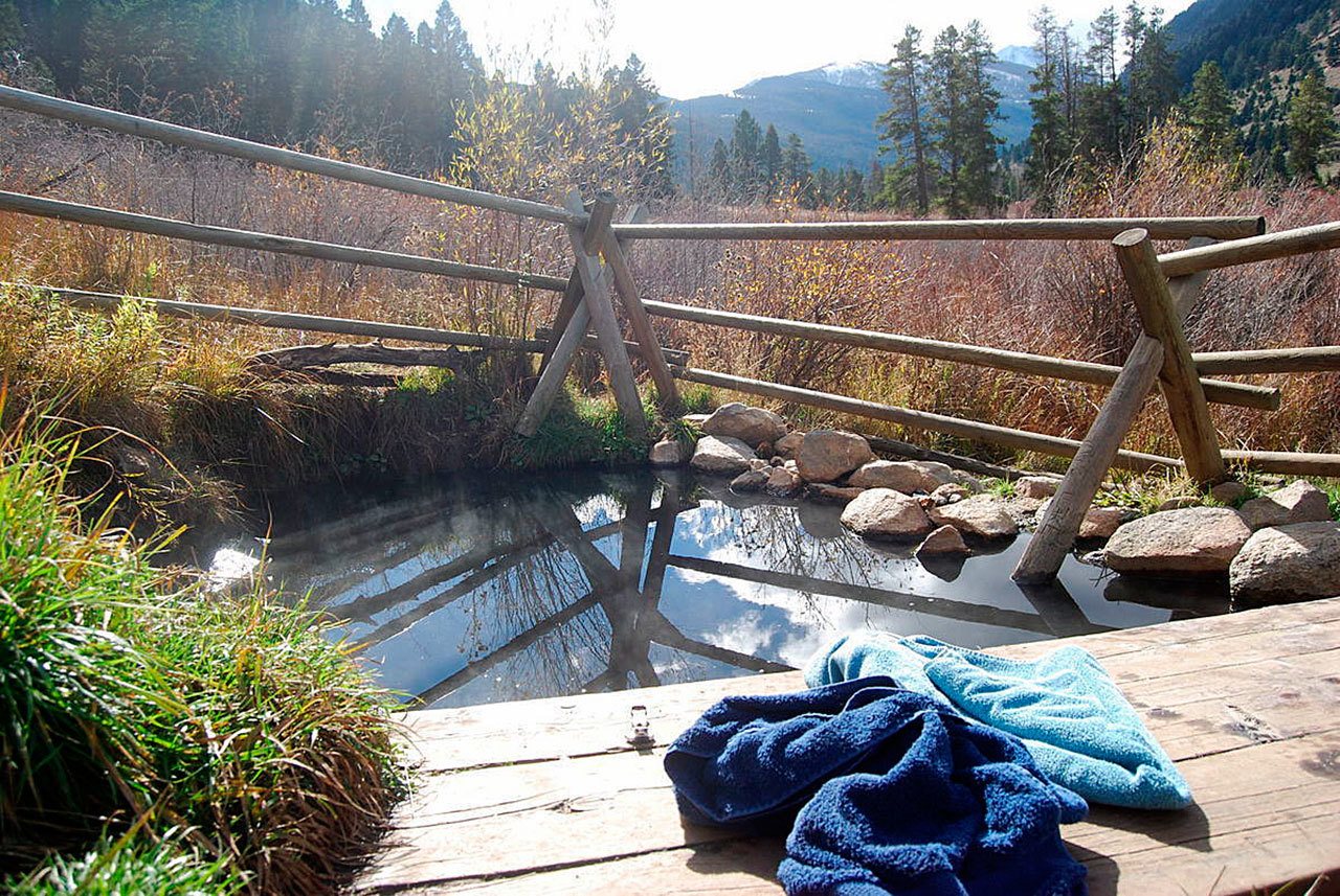 Upper Potosi hot springs are seen in an Oct. 19 photo, about eight miles outside of Pony, Montana. Visible in the distance are the Tobacco Root Mountains. (Whitney Bermes/Bozeman Daily Chronicle via AP)
