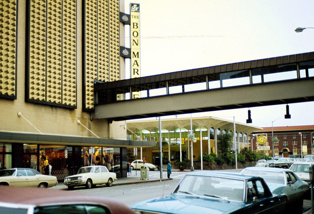 This mid-1970s photo shows the Bon Marche department store in downtown Everett. The building at 2804 Wetmore Ave., soon to be the Funko headquarters, was originally the Rumbaugh-MacLain Department Store. Macy’s, which took over the Bon, has announced the closure of its Everett Mall store. (Neil House photo, courtesy of the Everett Public Library)
