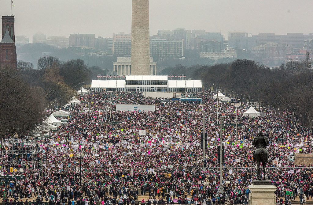 Thousands fill the National Mall for the Women’s March in Washington on Jan. 21. (Evelyn Hockstein / The Washington Post)
