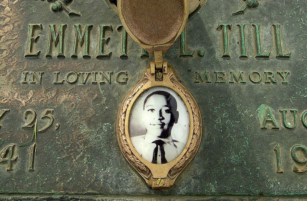 In this May 4, 2005 photo, Emmett Till’s photo is seen on his grave marker in Alsip, Illinois. (Robert A. Davis/Chicago Sun-Times via AP)
