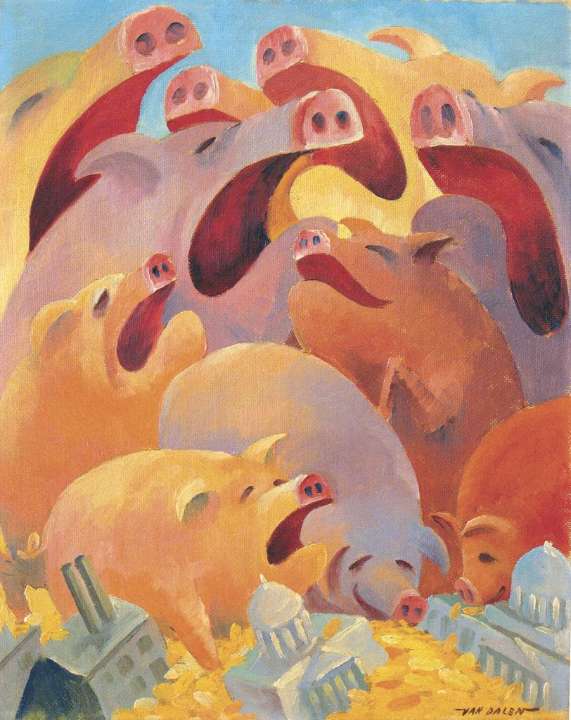 “Statesmanship,” an oil on board from about 1938, is by Pieter van Dalen.
