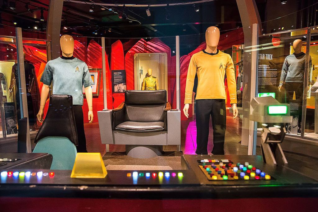 The bridge where Captain Kirk commanded the U.S.S. Enterprise from the television series “Star Trek: The Original Series” is featured in the “Star Trek: Exploring New Worlds” exhibit at MoPOP in Seattle. (Brady Harvey / Museum of Pop Culture)
