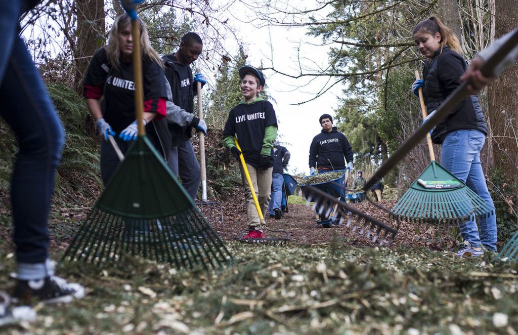 Volunteers from the YMCA My Achiever Program spread mulch on the trail during a service day in recognition of MLK Day at Jennings Park on Monday in Marysville. (Daniella Beccaria / The Herald)
