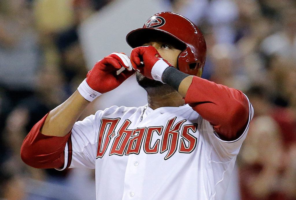 Arizona Diamondbacks’ Andy Marte celebrates his two run home run against the Pittsburgh on July 31, 2014. Authorities in the Dominican Republic said the former major leaguer and Kansas City Royals pitcher Yordano Ventura both died in separate traffic accidents. (AP Photo/Matt York, File)
