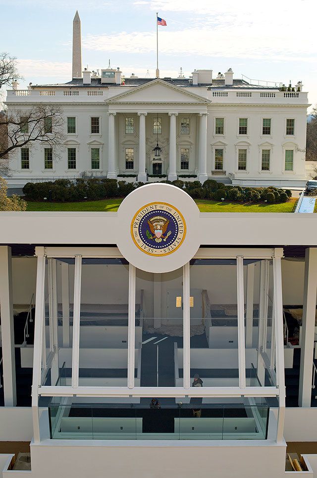 The inaugural parade presidential reviewing stand on Pennsylvania Avenue in front of the White House on Sunday is nearly completed in preparation for the 58th presidential inauguration on Friday. (AP Photo/Pablo Martinez Monsivais)