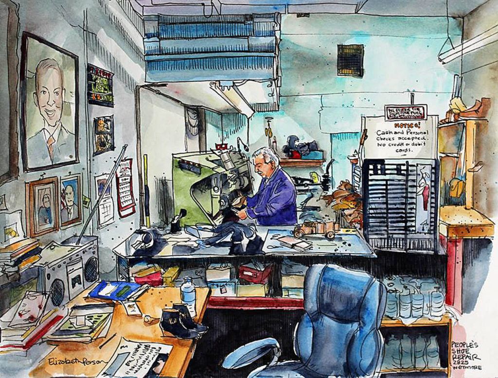 Artist Elizabeth Person, winner of Everett’s Mayor’s Art Award for Artist in the Community, did this drawing for her Sketchy Everett series and wrote this statement: “A few years ago, I stumbled upon an unassuming repair shop in downtown Everett. When I walked into People’s Shoe Repair on 2827 Wetmore, I was greeted by blaring classical music, framed presidential portraits, stacks of newspaper paper, and rows upon rows of gleaming shoes. The sole proprietor, Mike Papadimitriou, gets right down to business … You won’t find a computer in People’s – no credit cards accepted, no email address and definitely no website. It’s all done the old-fashioned way. On foot, in hand, by word of mouth. So here’s to the man who has dedicated his career to repairing what’s broken, and shining what’s dull, in his humble shop, in our humble Mill Town.”
