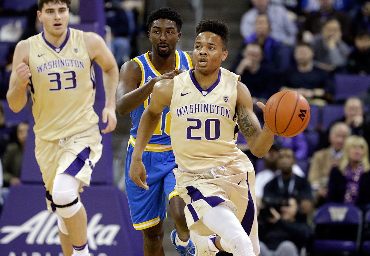 Washington’s Markelle Fultz drives up the court during a Saturday game against UCLA in Seattle. (AP Photo/Elaine Thompson)