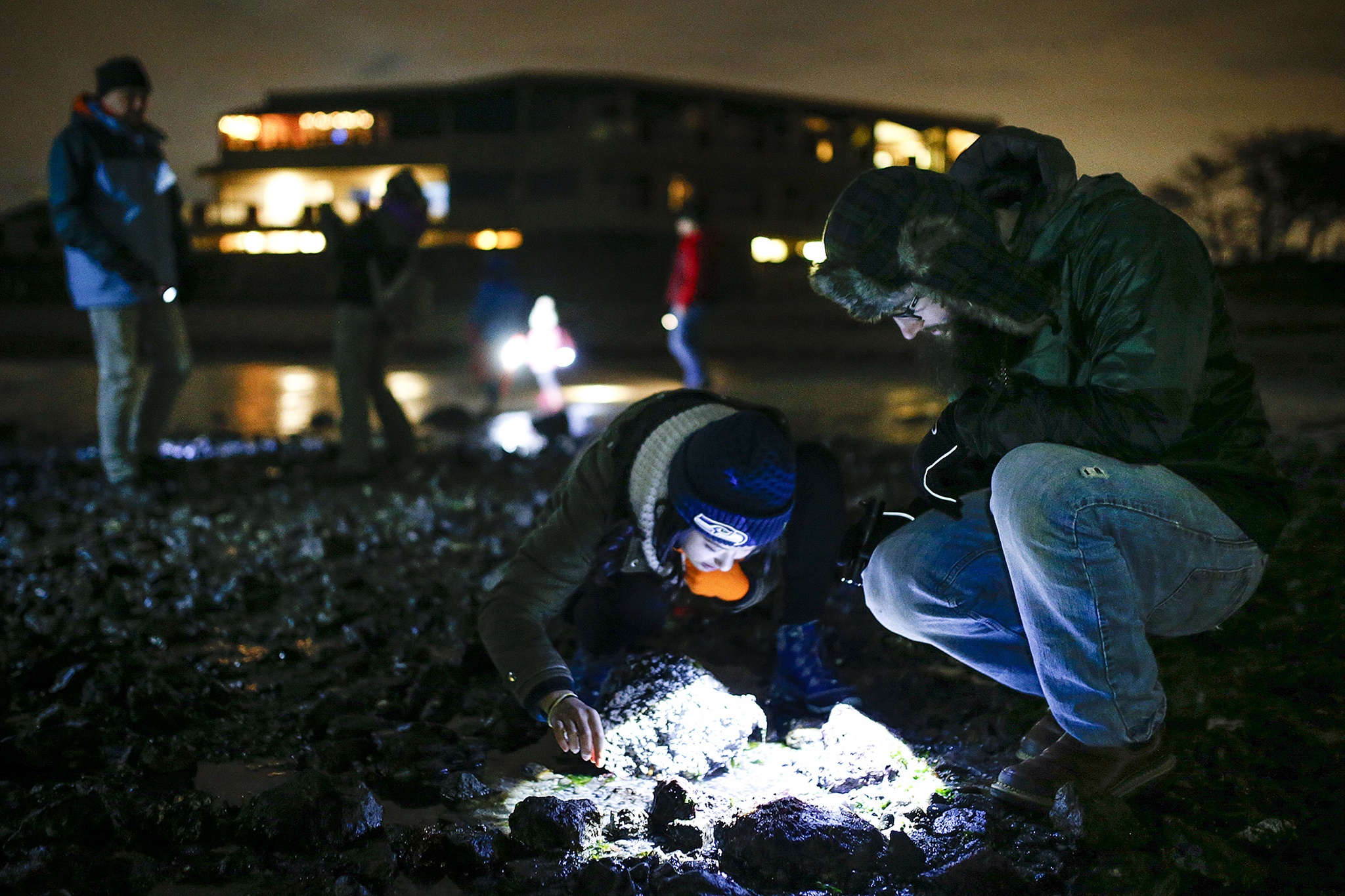 Laura Han (center), of Lynnwood, and Derek Arterburn (right), of Everett, use the glow of a flashlight to look for marine life during a beach walk after dark in Edmonds on Tuesday, Feb. 7. (Ian Terry / The Herald)
