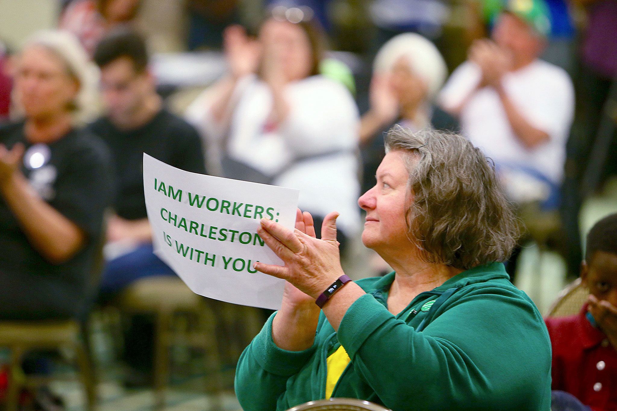 Sue Edward was among about 100 people at an International Association of Machinists rally at the Crowne Plaza Hotel in North Charleston, South Carolina, on Monday. (Wade Spees/The Post And Courier)