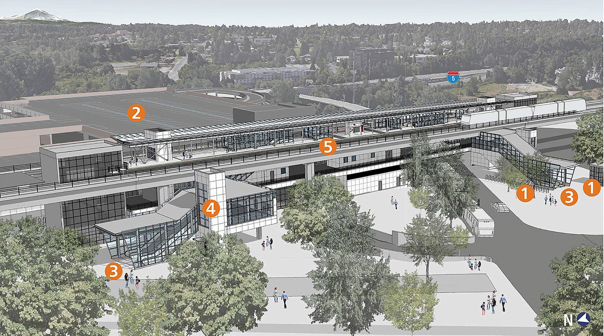 A drawing of the Lynnwood Link Light Rail station: (1) bike racks; (2) parking garage; (3) station entrance; (4) elevator; (5) elevated platform. (Sound Transit)