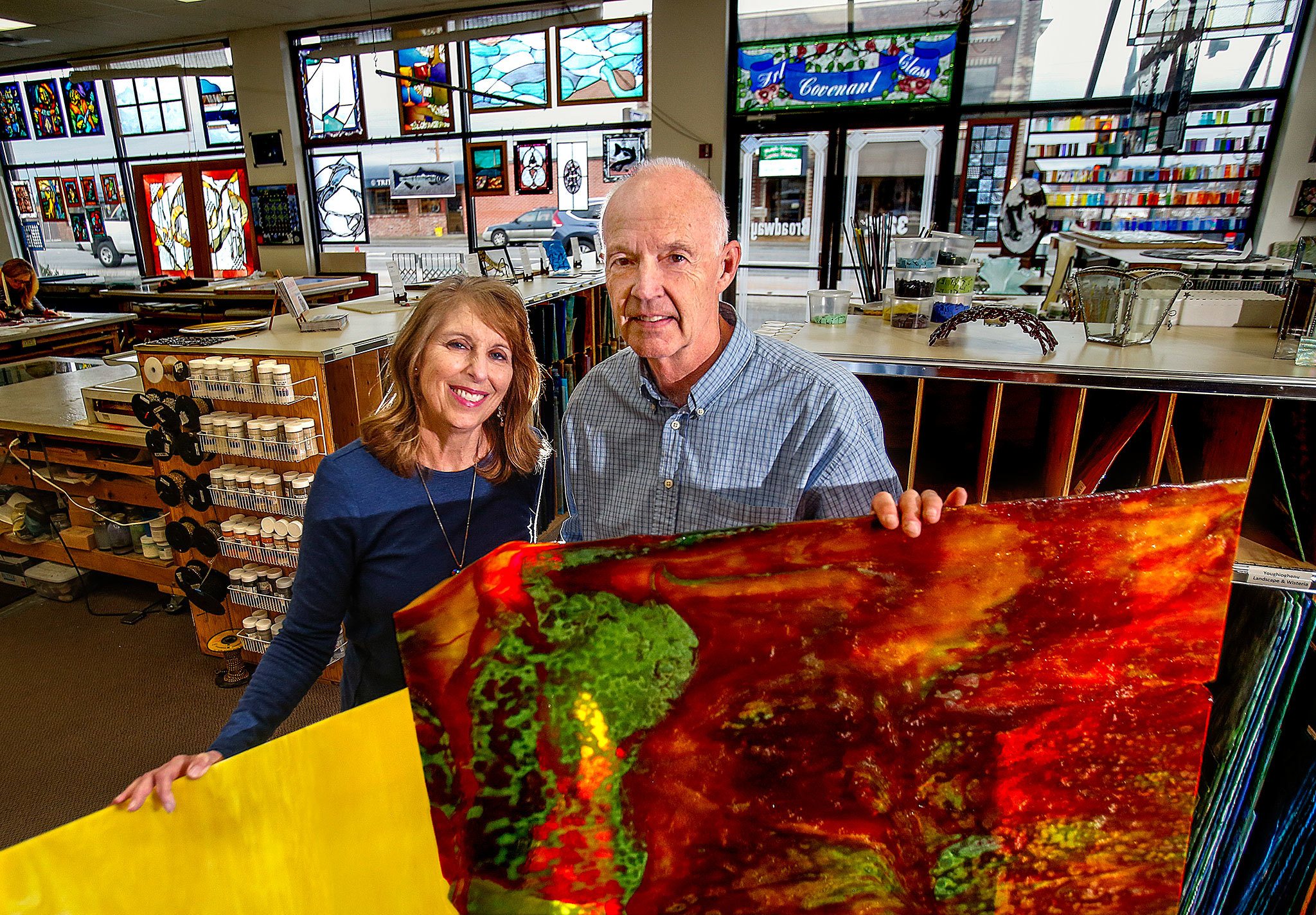 Covenant Art Glass owners, Colleen and Stan Price have a lot to smile about these days, including the biggest selection of art glass they’ve ever had. (Dan Bates / The Herald)