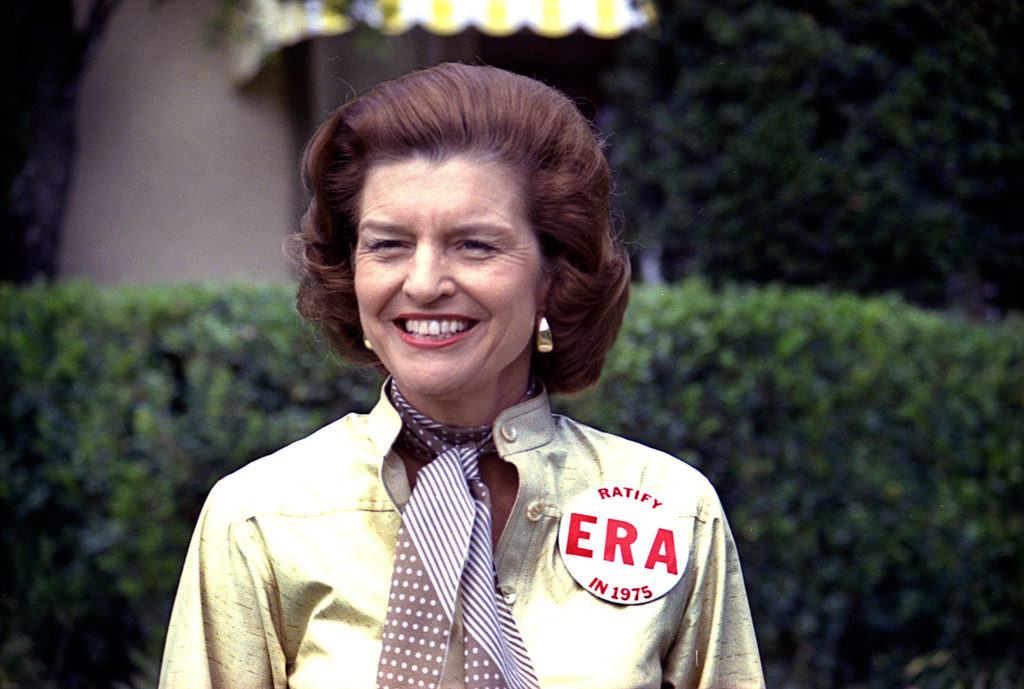 First Lady Betty Ford wears a button expressing support for ratification of the Equal Rights Amendment on Feb. 26, 1975, at the Inverrary Country Club in Florida. President Gerald Ford, a Republican, was playing golf at the club. (Courtesy Gerald R. Ford Presidential Library)
