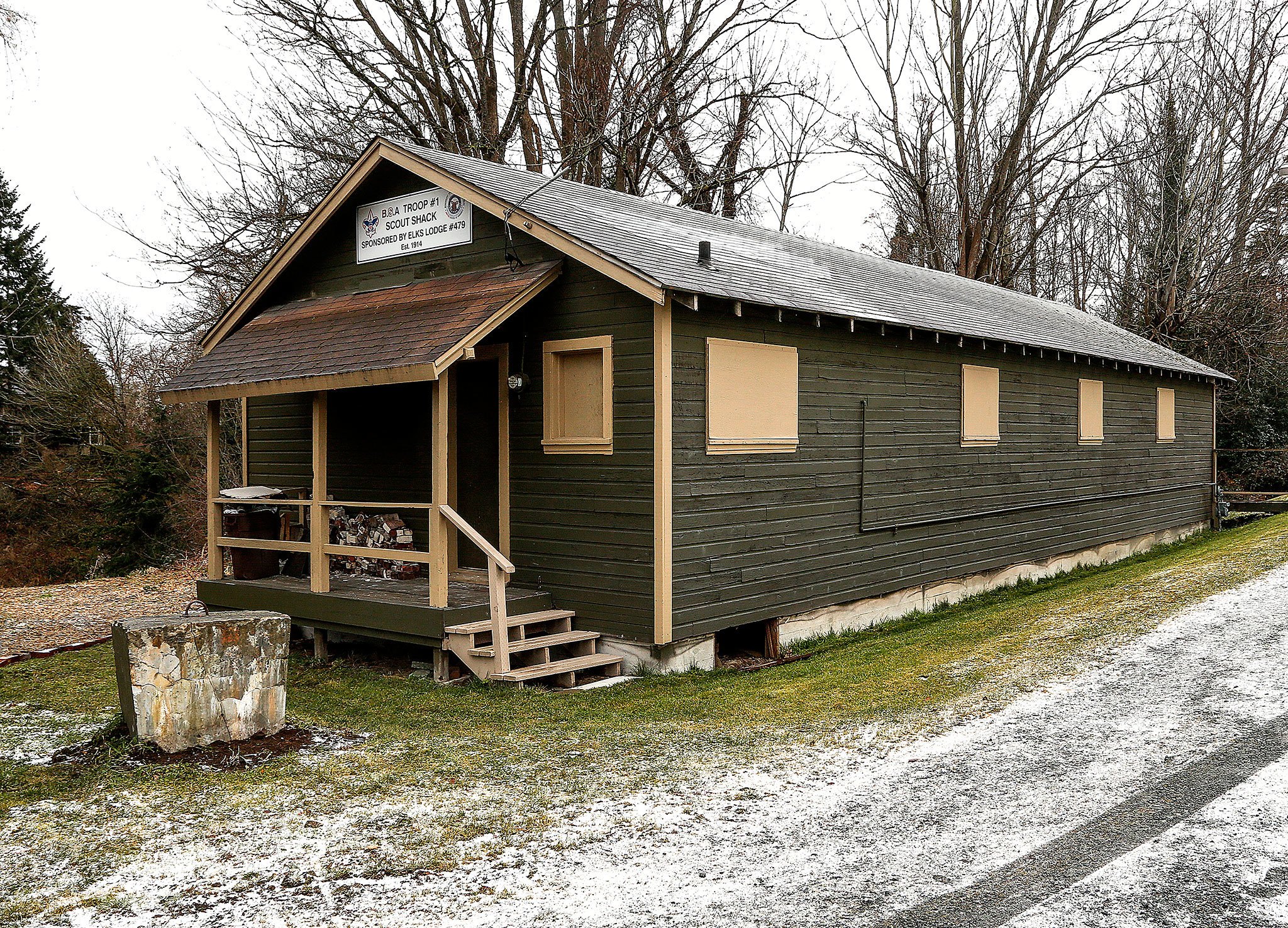 The Boy Scout Troop 1 “Scout Shack,” just east of the intersection of Nassau and 34th streets in Everett, will host an open house 5-7 p.m. Wednesday. Once a military barrack at Paine Field, the building is in need of repairs. (Dan Bates / The Herald)