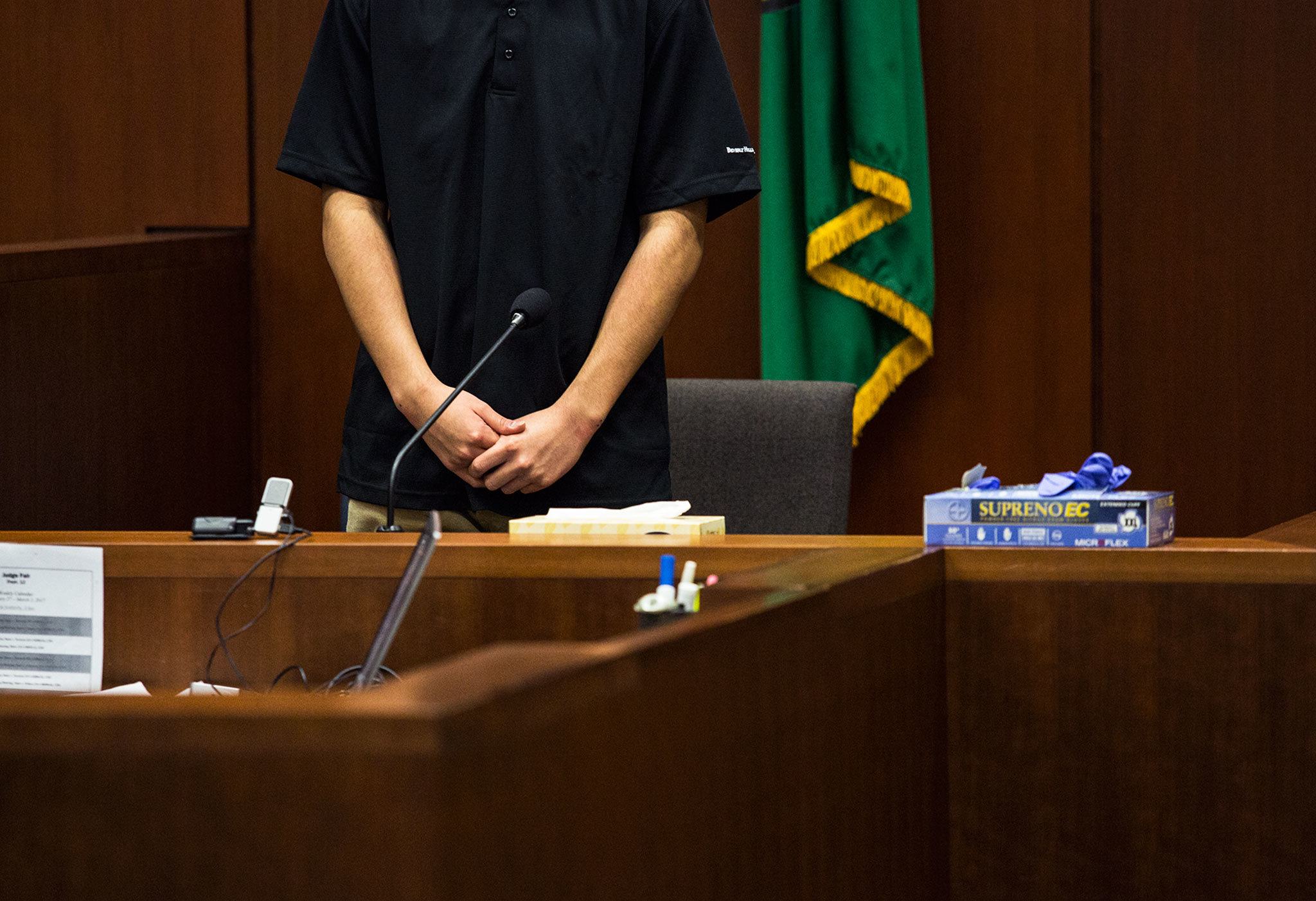Guillermo Padilla, 17, testifies at the Snohomish County Courthouse on Monday, Feb. 27 in Everett. Padilla, who pleaded guilty to second-degree murder in the shooting, told jurors that Diego Tavares took Padilla’s .22-caliber gun the morning Anthony Camacho was shot to death. (Daniella Beccaria / The Herald)