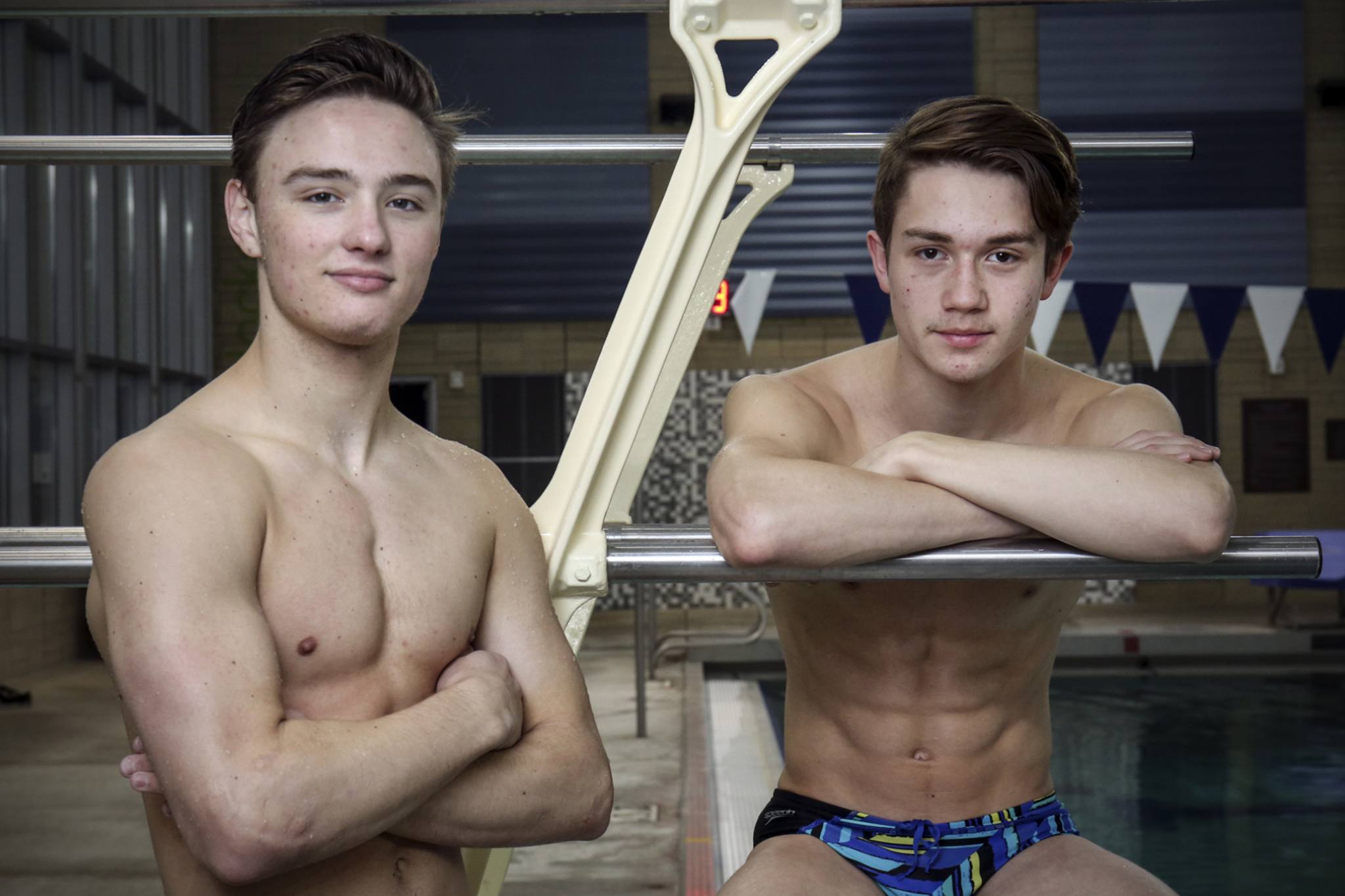 Glacier Peak’s Connor May and Snohomish’s Zachary Thomas will compete for state titles in diving this weekend. (Kevin Clark / The Herald)