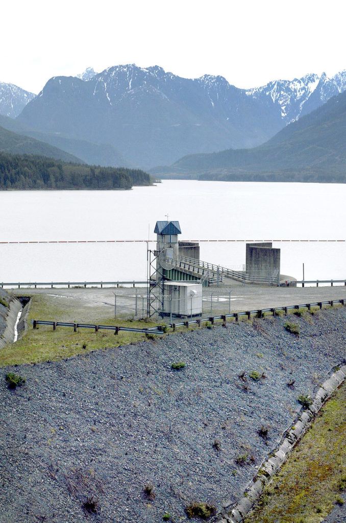 This 2003 photo shows the earthen Culmback Dam holding back the Sultan River, producing Spada Lake. (Joe Nicholson / Herald file)
