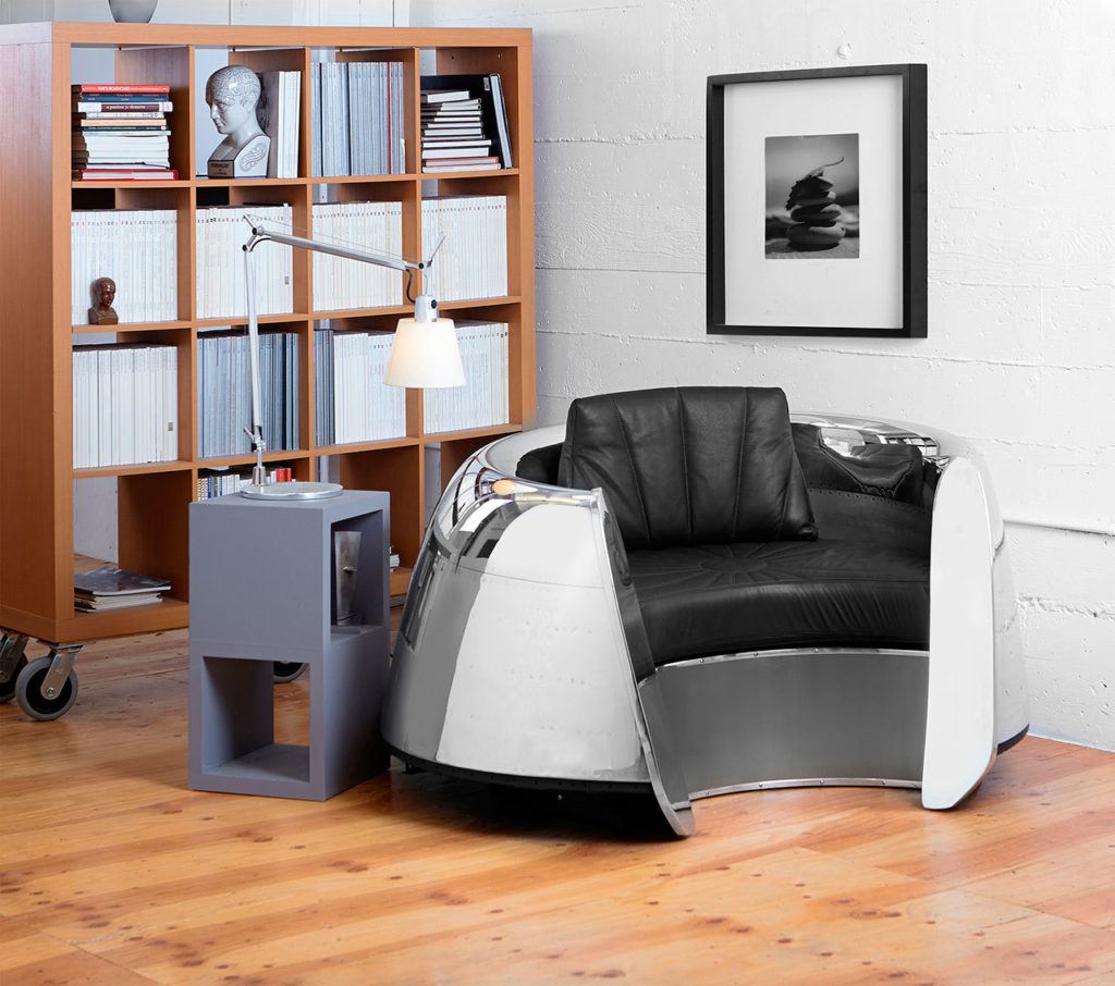 This DC-9 Pratt & Whitney JT8D engine cowling has been converted into a sleek leather chair. (The Boeing Store)
