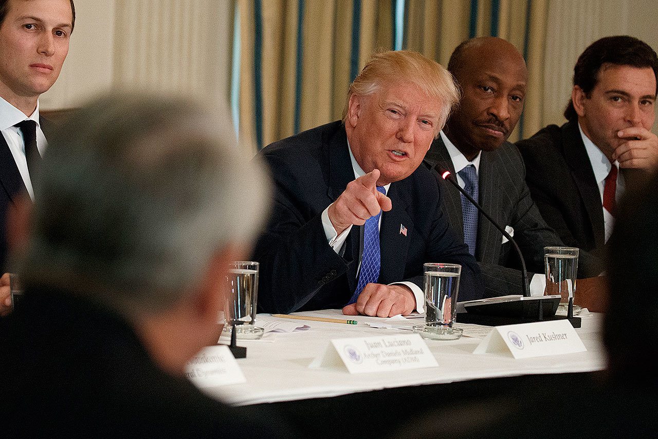 President Donald Trump speaks during a meeting with manufacturing executives at the White House on Thursday. (AP Photo/Evan Vucci)