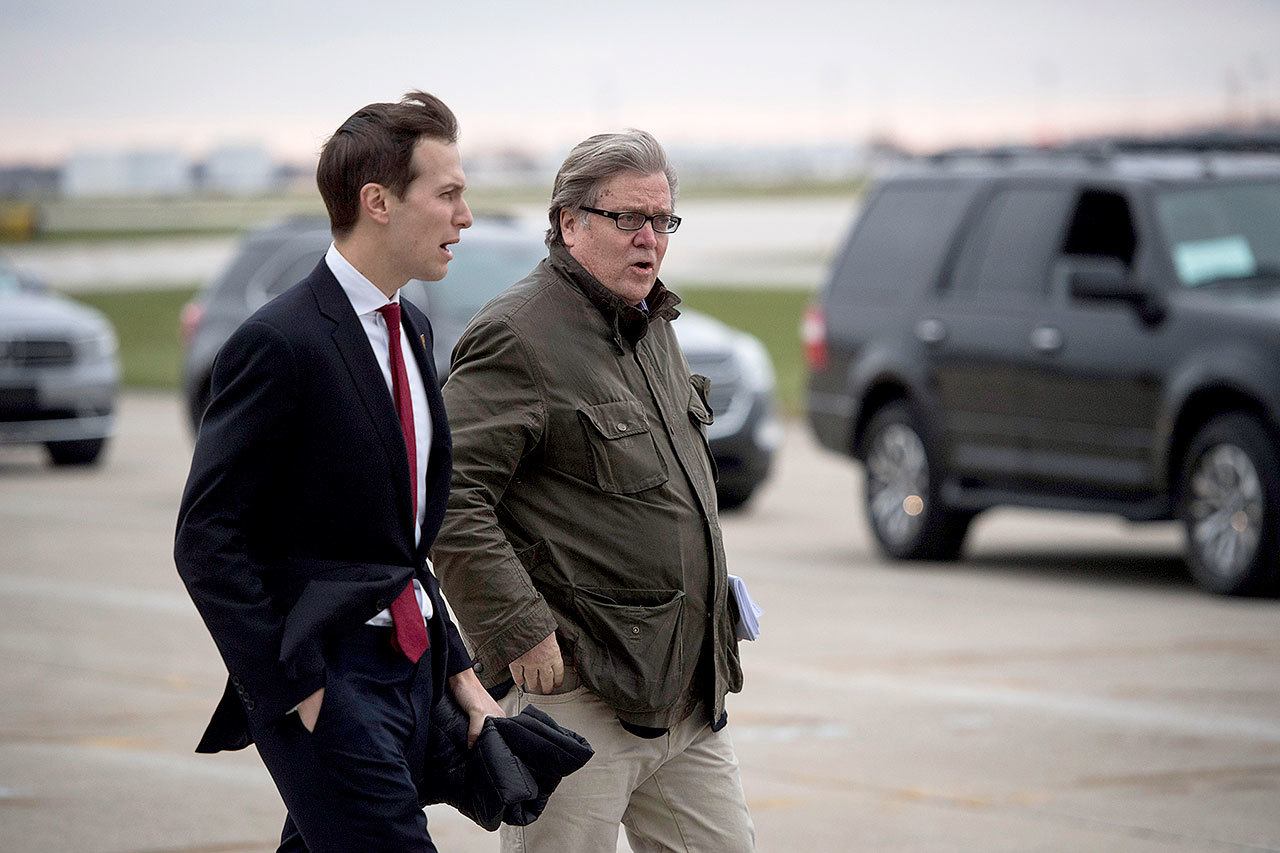 White House advisers Jared Kushner (left) and Stephen K. Bannon. (Jabin Botsford / Washington Post)