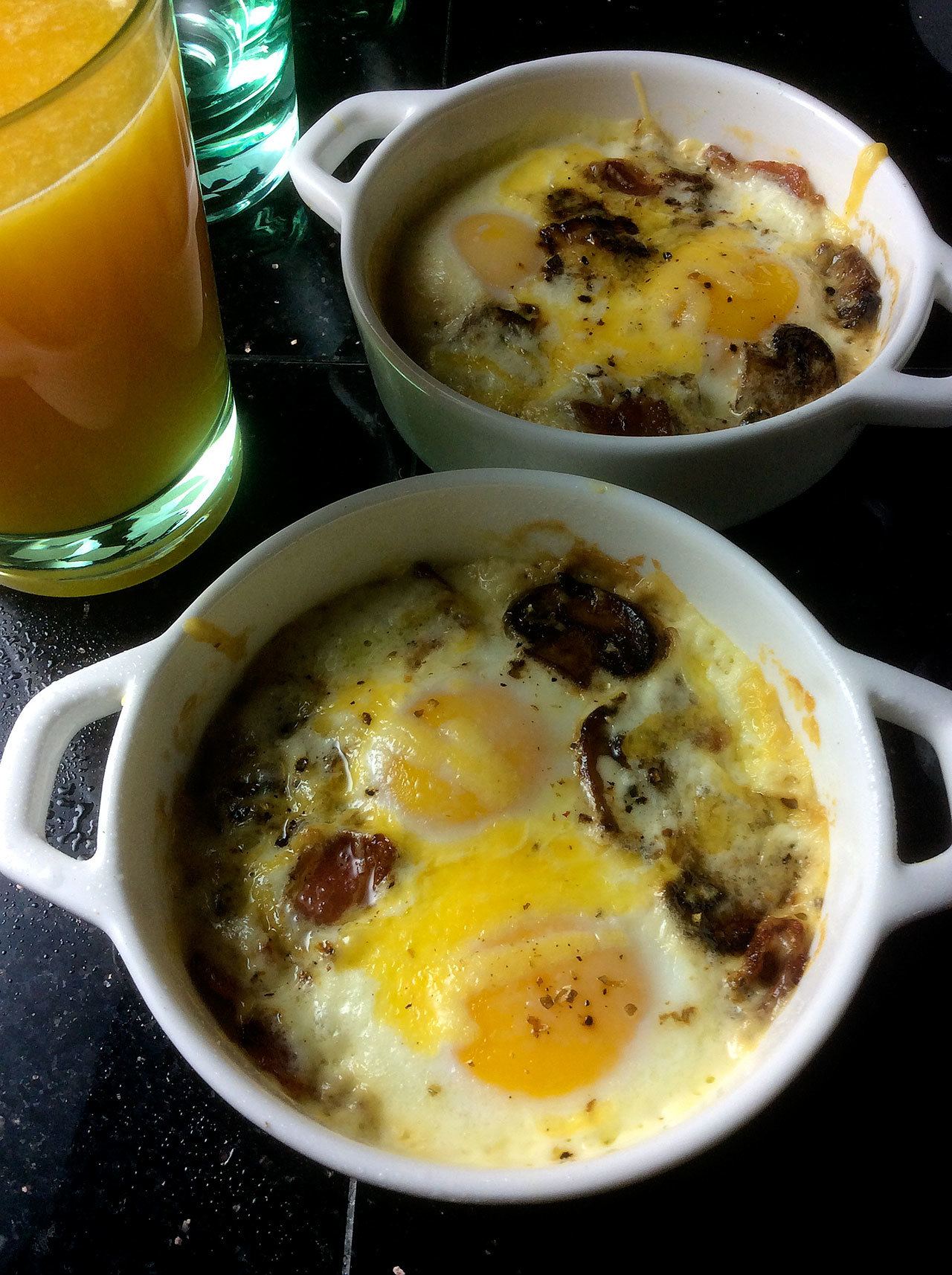 Jan Roberts-Dominguez photo                                You can make endless variations of shirred eggs, including this classic recipe with mushrooms and bacon added.