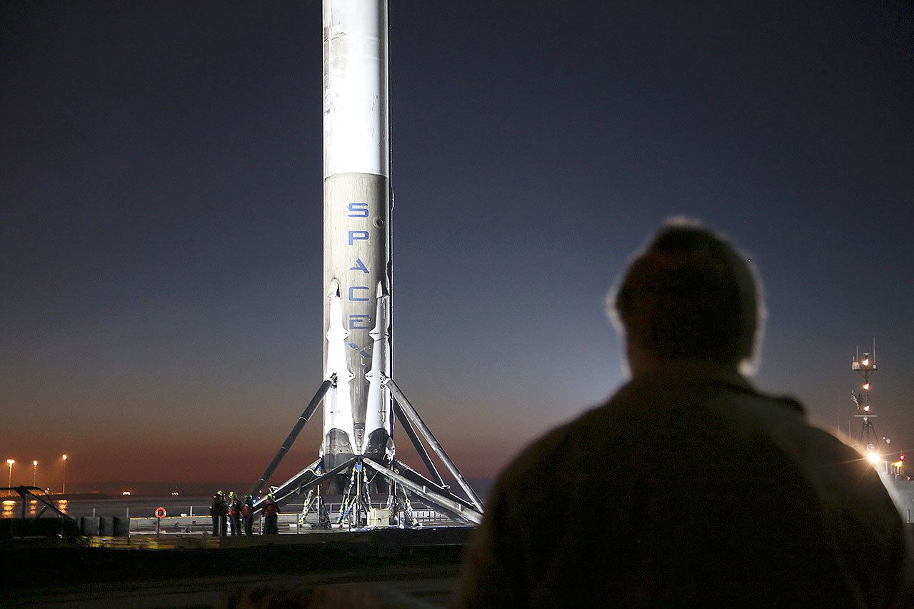 A SpaceX Falcon 9 rocket booster is seen in Los Angeles on Jan. 17. (Chuck Bennett/Los Angeles Daily News)