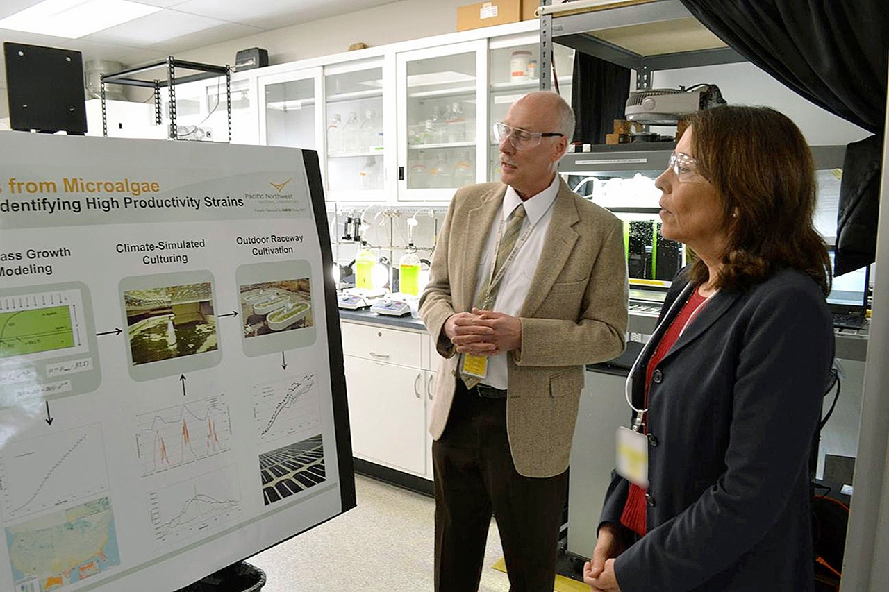 This photo taken in July 2016 shows Michael Huesemann, lead researcher for the algae biofuel program at the Pacific Northwest National Laboratory in Sequim, meeting with U.S. Sen. Maria Cantwell about algae and its potential. (Matthew Nash/The Peninsula Daily News via AP, file)