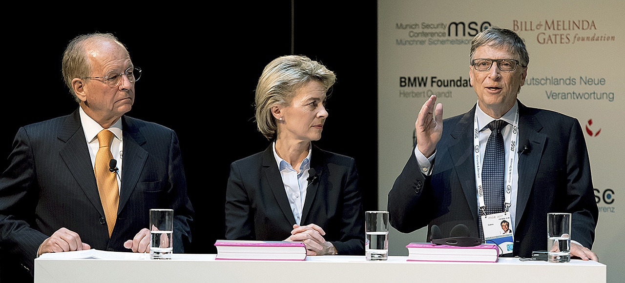 Wolfgang Ischinger, head of the Munich Security Conference, German Defence Minister Ursula von der Leyen and Microsoft founder Bill Gates, from left, attend a press conference prior to the Munich Security Conference in Munich, southern Germany, on Friday, Feb. 17. (Sven Hoppe/dpa via AP)