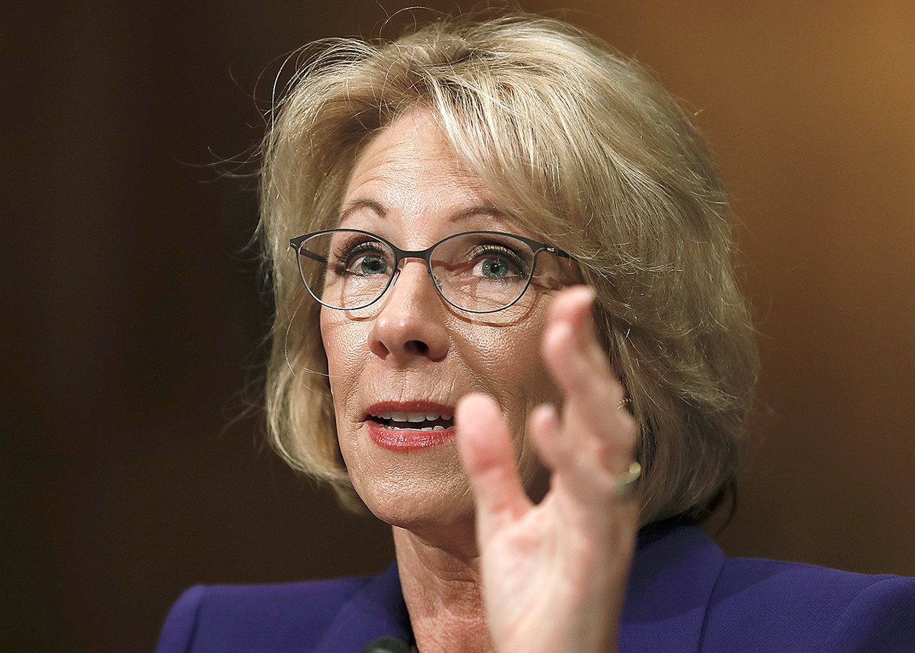 In this Jan. 17 photo, then-Education Secretary-designate Betsy DeVos testifies on Capitol Hill in Washington at her confirmation hearing before the Senate Health, Education, Labor and Pensions Committee. (AP Photo/Carolyn Kaster, File)
