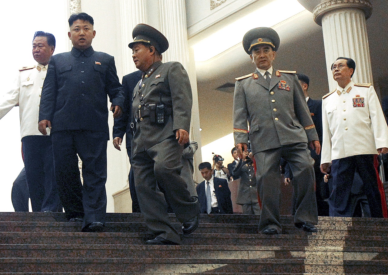 In this July 27, 2013 photo, North Korean leader Kim Jong Un (second left) tours the newly-opened Fatherland Liberation War Museum, with his uncle Jang Song Thaek (right), Yang Hyong Sop (second right), vice president of the Presidium of North Korea’s parliament, and Vice Marshal Choe Ryong Hae (left) as part of celebrations for the 60th anniversary of the Korean War armistice in Pyongyang, North Korea. (AP Photo/Wong Maye-E, File)