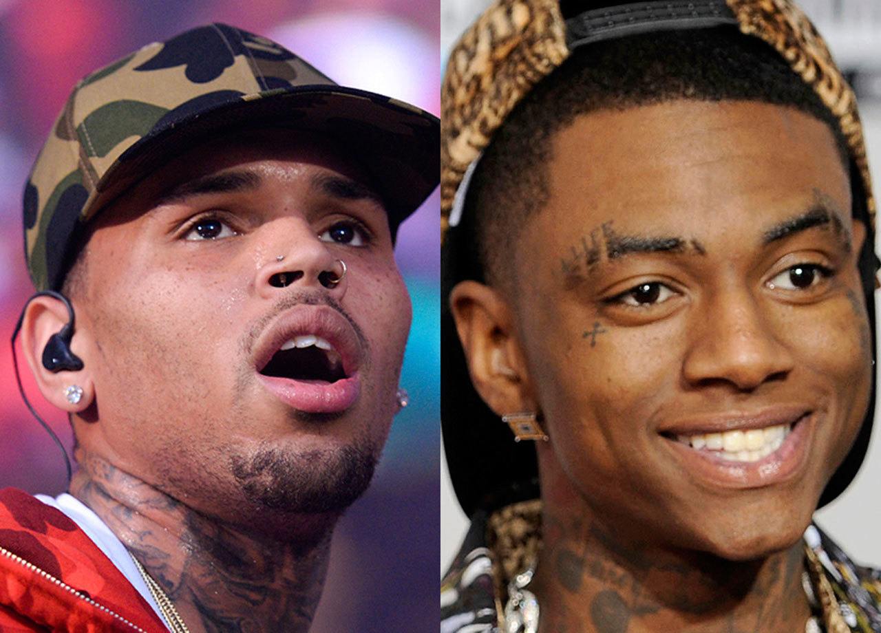Rappers Chris Brown (left) and Soulja Boy apparently won’t have the opportunity to pummel each other senseless after all (Associated Press photos)