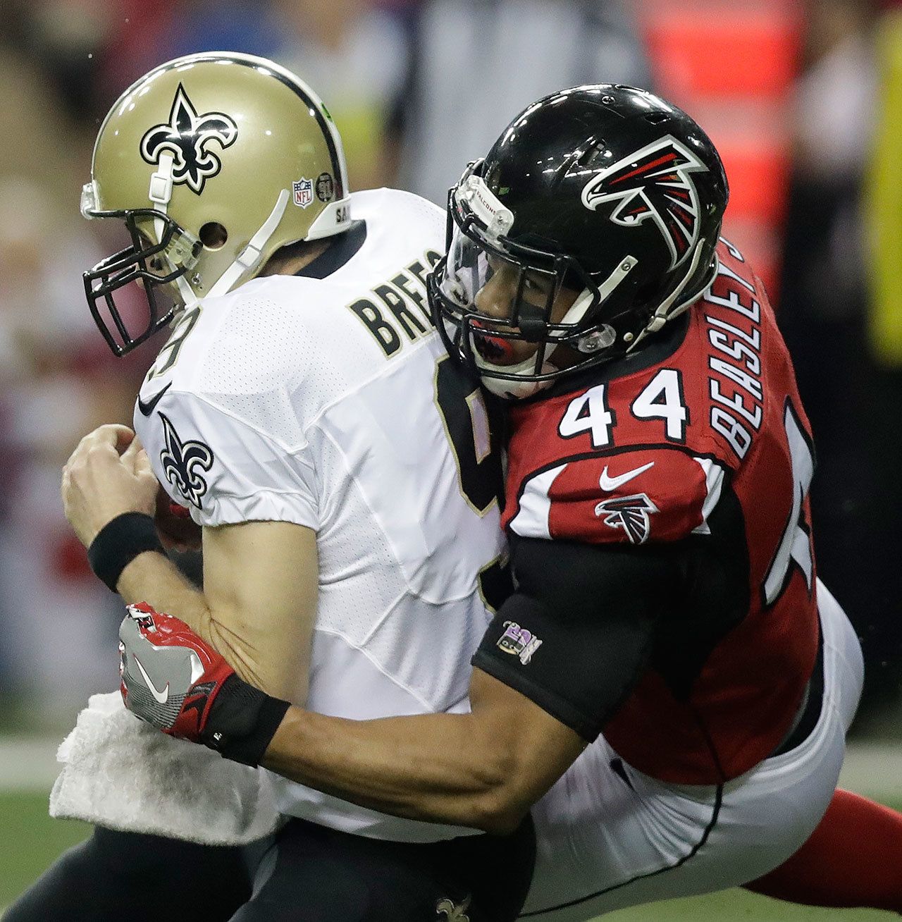 Falcons outside linebacker Vic Beasley (44) sacks Saints quarterback Drew Brees (9) during the first half of a game Jan. 1 in Atlanta. (AP Photo/David Goldman)