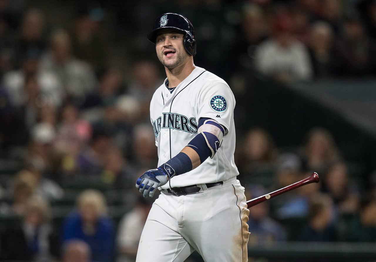 The Mariners’ Mike Zunino walks off the field after an at-bat during a game against the Angels on Sept. 3, 2016, in Seattle. Zunino enter 2017 spring training as the starting catcher for the Mariners. (AP Photo/Stephen Brashear)