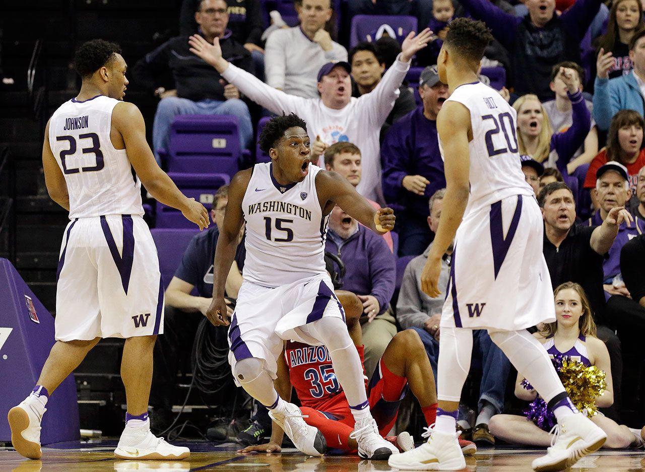 Washington’s Noah Dickerson (15) reacts after being called for a foul against Arizona during the second half of a game Feb. 18, 2017, in Seattle. Arizona won 76-68. (AP Photo/Elaine Thompson)