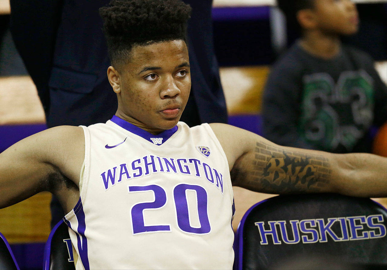 Washington guard Markelle Fultz sits on the bench before being introduced at the start of a game against Arizona State on Feb. 16, 2017, in Seattle. (AP Photo/Ted S. Warren)
