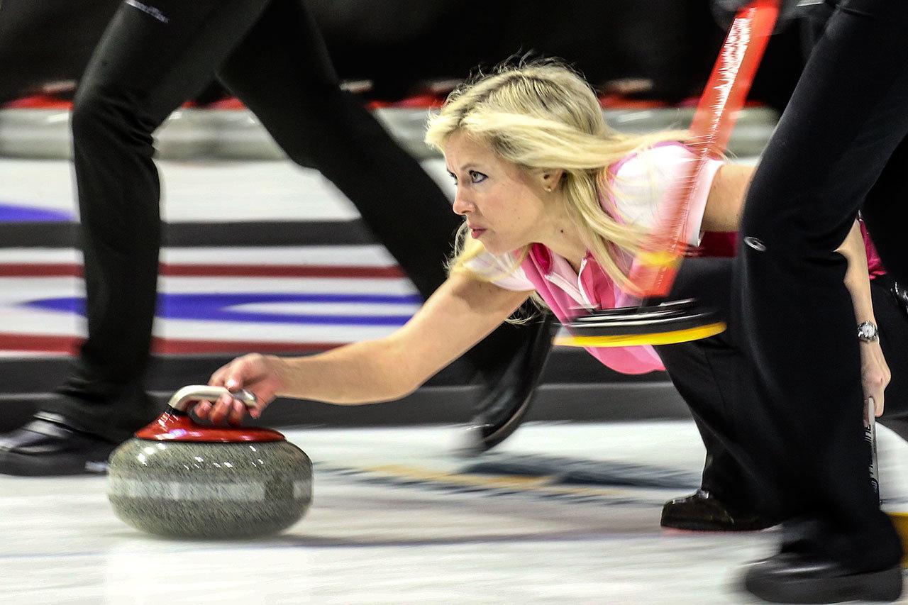 Cristin Clark delivers a stone against Team Bear Sunday night during the 2017 USA Curling Nationals at Xfinity Arena in Everett on February 12, 2017. (Kevin Clark / The Herald)