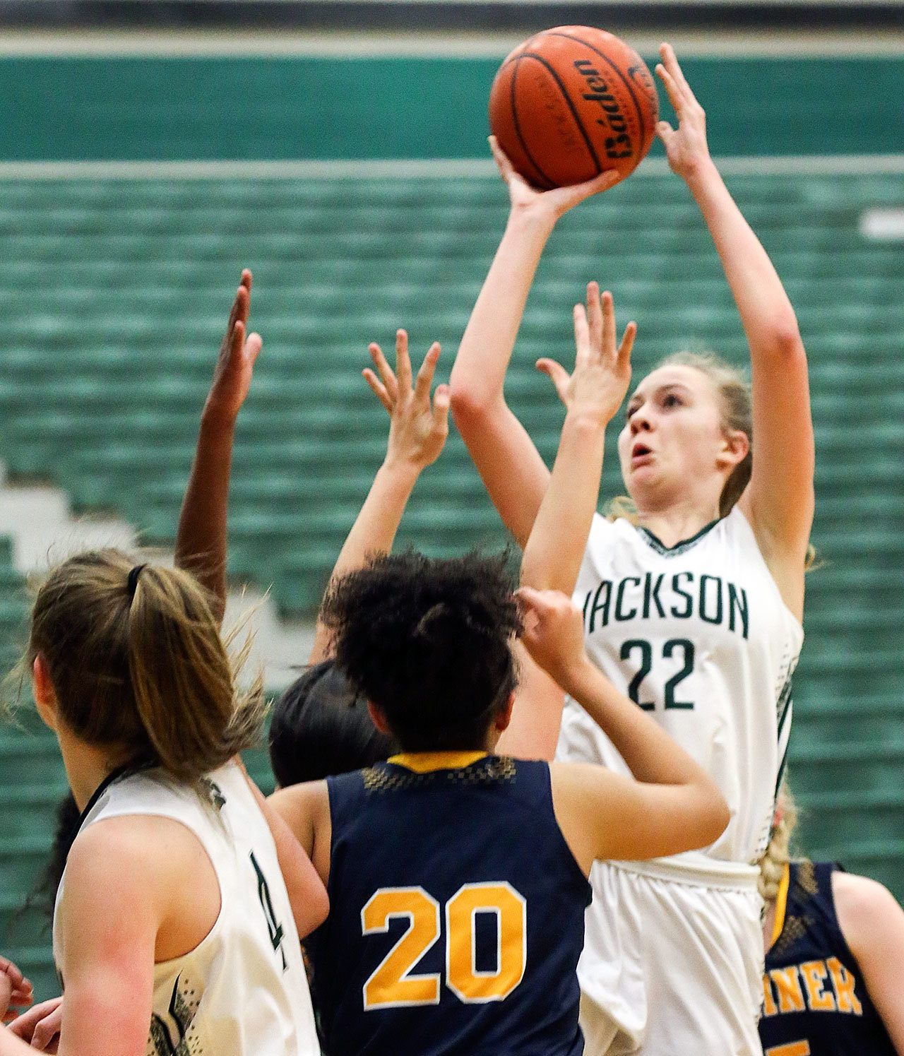 Jackson’s Lauren Schillberg goes up for a shot during a game against Mariner on Wednesday at Jackson High School. Jackson won 65-51. (Kevin Clark / The Herald)