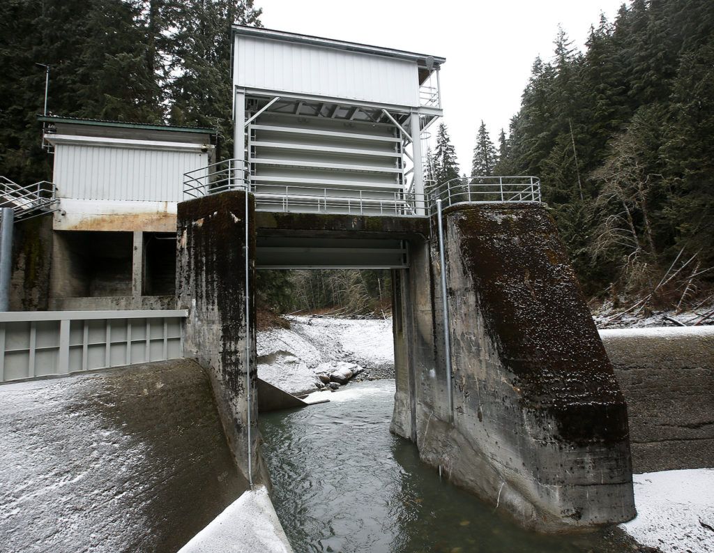 The diversion dam on the Sultan River, photographed Feb. 3, has a new open water channel as well as a gate. (Ian Terry / The Herald)
