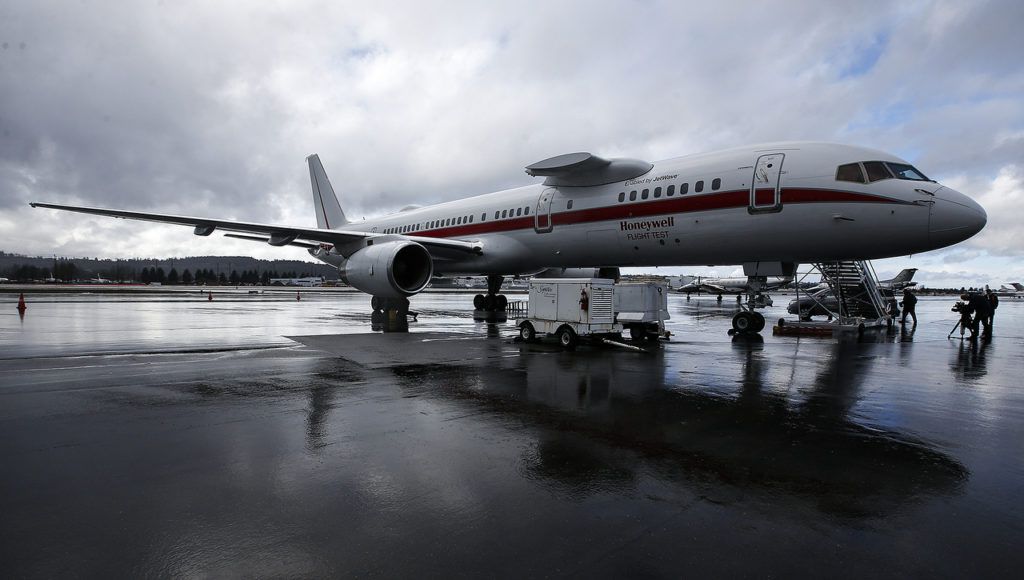 A Boeing 757 is used by Honeywell as a flight test plane for ongoing research of NextGen technologies that could improve commercial airplane efficiency. (Ian Terry / The Herald)
