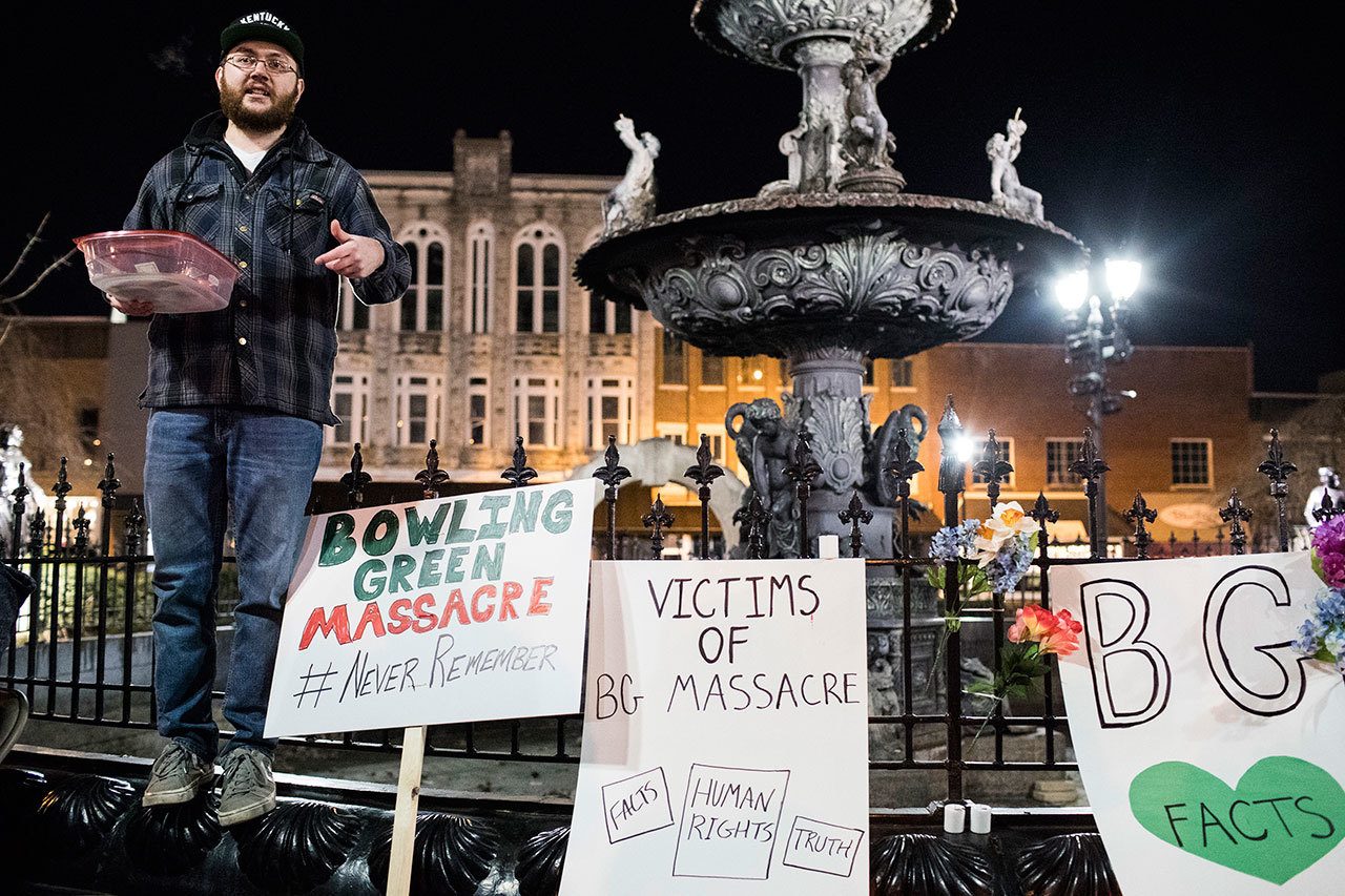 Justin Swindle speaks during the Bowling Green “massacre” remembrance gathering that he organized Friday at Fountain Square Park in Bowling Green, Kentucky. The “massacre” that never happened has Bowling Green in the national news again — something that has not happened since a sinkhole swallowed several prized Corvettes at a museum. (Austin Anthony / Daily News)