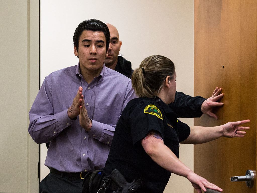 Diego Tavares, 20, arrives at the Snohomish County Courthouse on Monday. Tavares is charged with first-degree murder in the Dec. 12 shooting of Anthony Camacho, 17. (Daniella Beccaria / The Herald)
