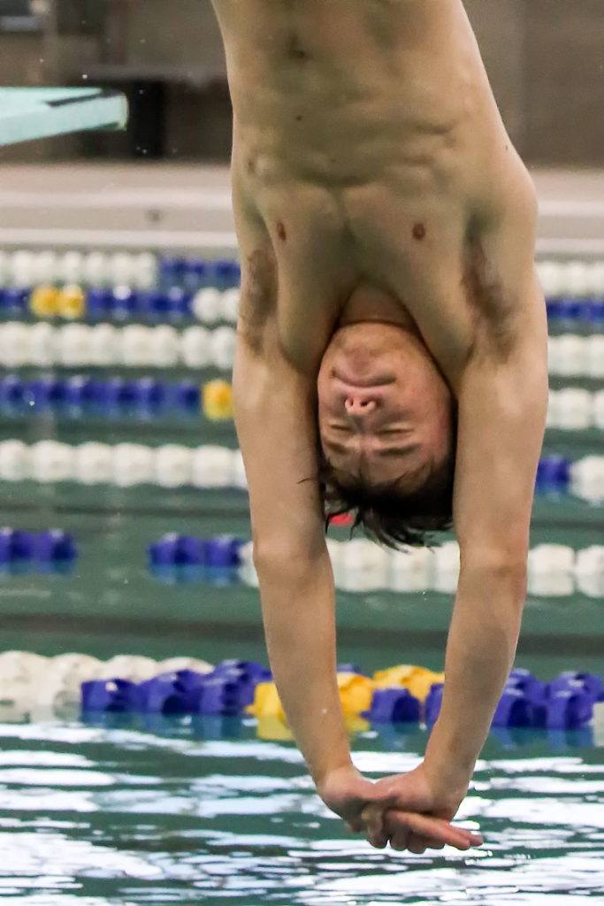 Glacier Peak’s Connor May practices Wednesday afternoon at the Snohomish Aquatic Center on February 15, 2017. (Kevin Clark / The Herald)
