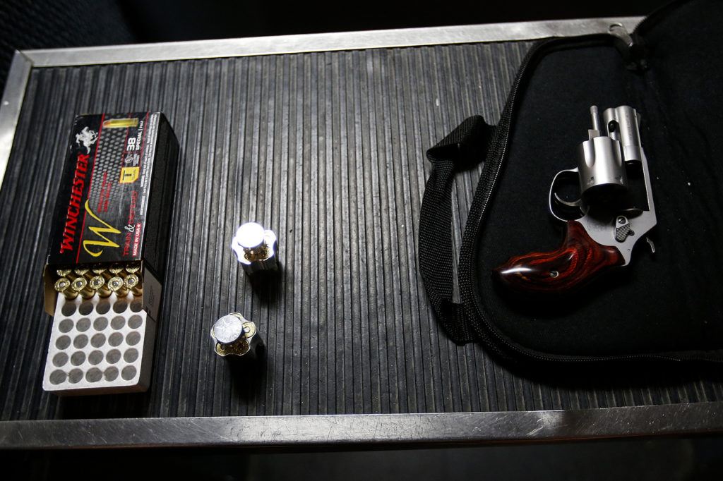 A revolver belonging to Jessica Belmont, of Woodinville, is seen following target practice at the Norpoint Shooting Center in Arlington on Saturday, Feb. 4. (Ian Terry / The Herald)

