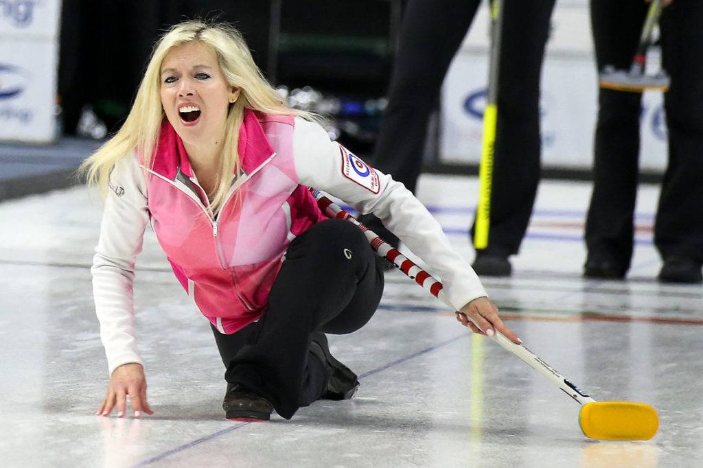 Cristin Clark shouts instruction to her team’s sweepers Sunday night during the 2017 USA Curling Nationals at Xfinity Arena in Everett on February 12, 2017. (Kevin Clark / The Herald)

