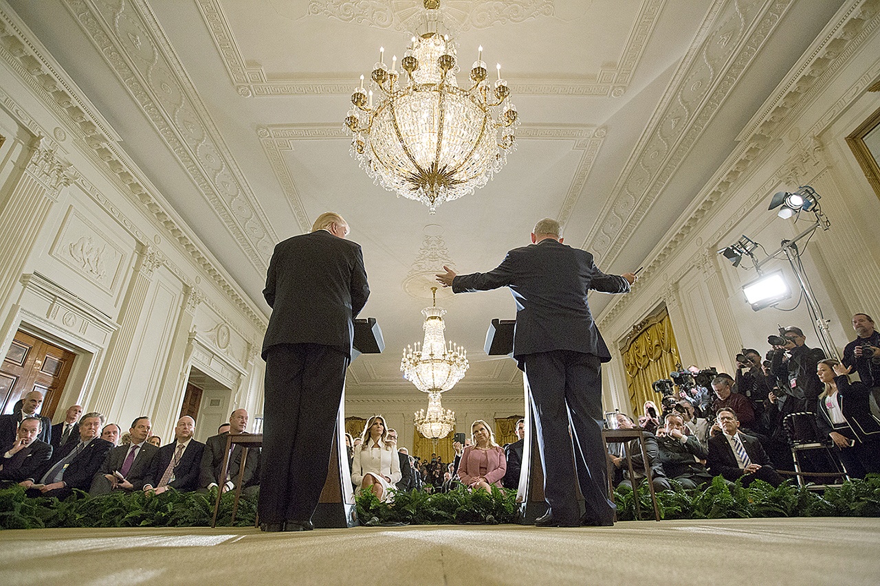 President Donald Trump and Israeli Prime Minister Benjamin Netanyahu participate in a joint news conference in the East Room of the White House in Washington on Wednesday, Feb. 15. (AP Photo/Pablo Martinez Monsivais)