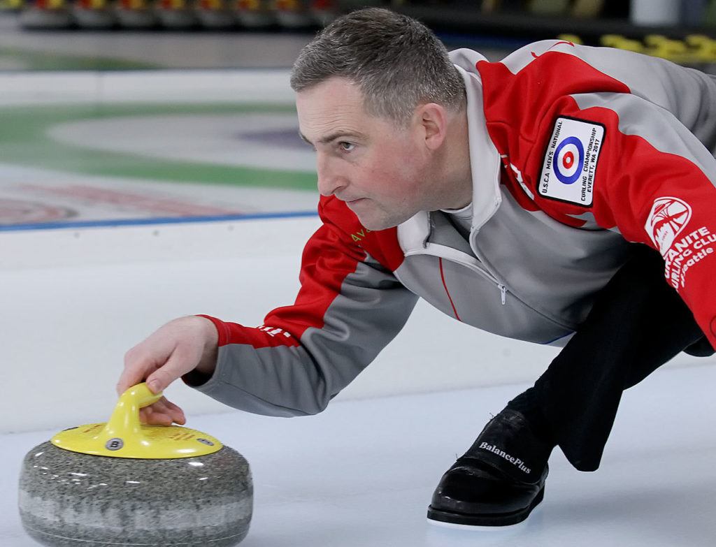 Lynnwood’s Brady Clark practices on Feb. 8, 2017, at the Granite Curling Club in Seattle. (Kevin Clark / The Herald)
