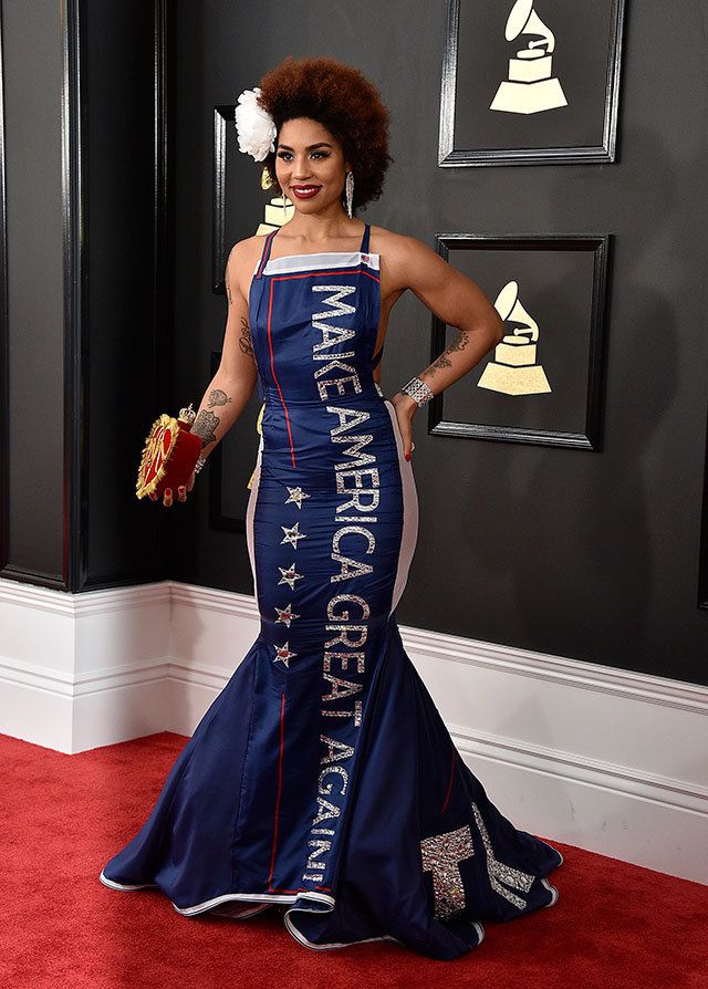 Joy Villa wears a gown that says “Make America Great Again” at the 59th annual Grammy Awards at the Staples Center on Sunday. (Associated Press)