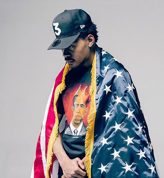 Chance the Rapper models Obama-themed clothing made by Joe Fresh Goods’ “Thank You Obama” line. (Associated Press)